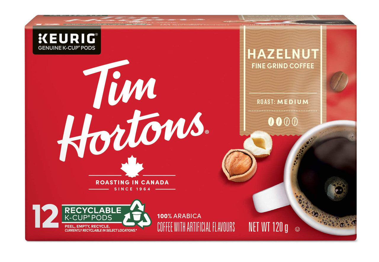 Tim Hortons Hazelnut Light Medium Roast Coffee, Keurig K-cup compatible pods, 120g, 12 pods {Imported from Canada}