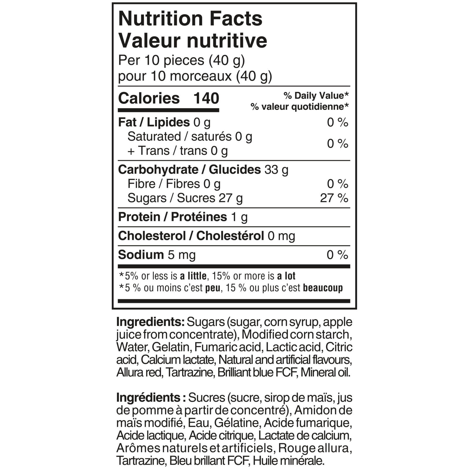 Nutrition facts label for Starburst Gummies Sours Candy 142g/5.0 oz with detailed calorie count, ingredient list, and other nutritional information.