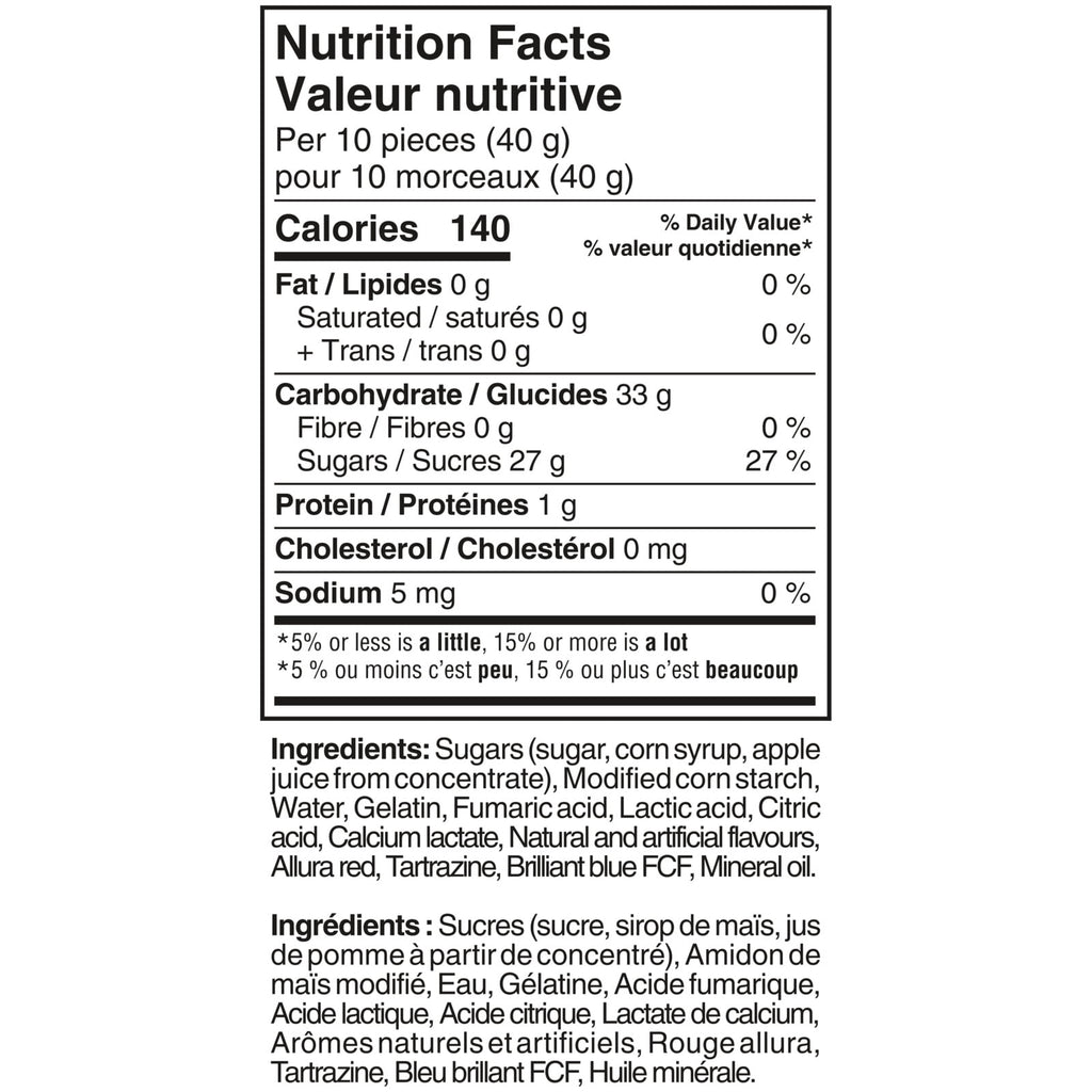 Nutrition facts label for Starburst Gummies Sours Candy 142g/5.0 oz with detailed calorie count, ingredient list, and other nutritional information.