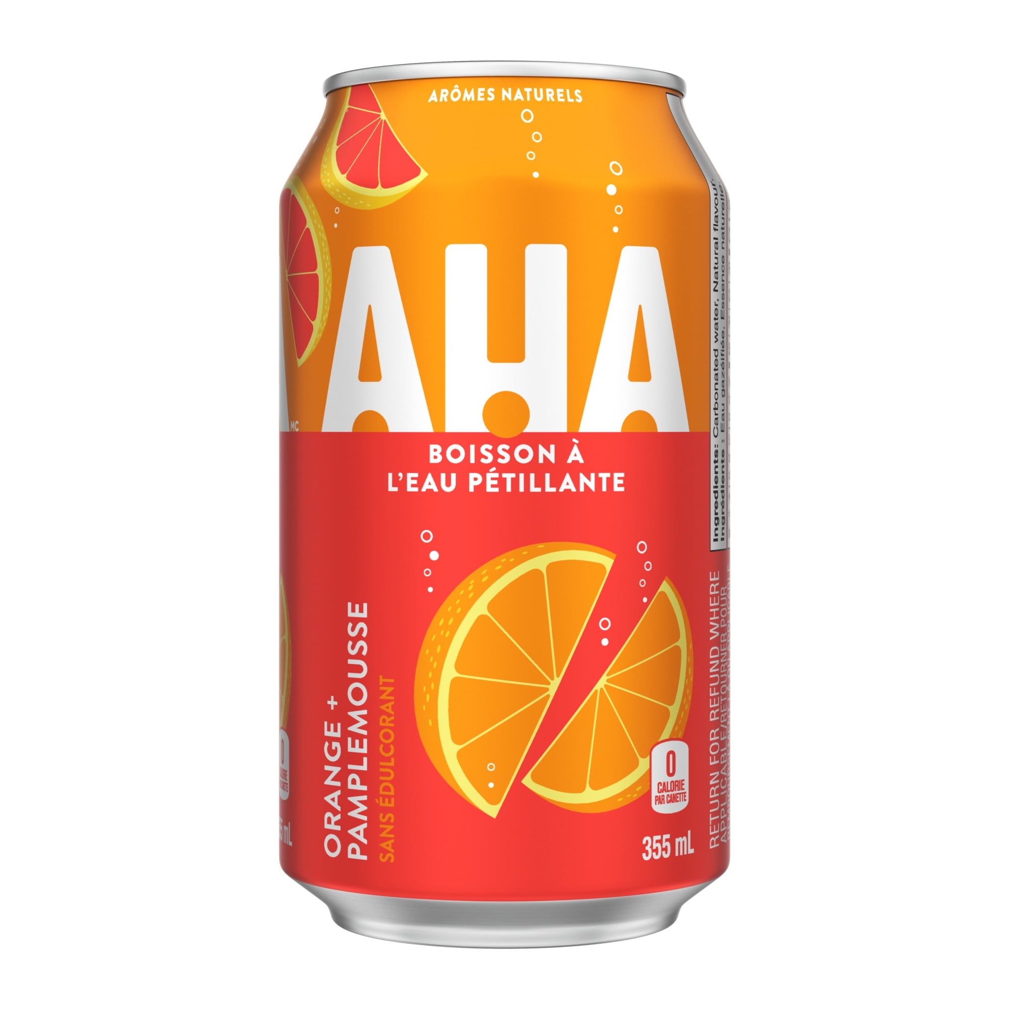 AHA sparkling water can with orange and grapefruit design on a white background