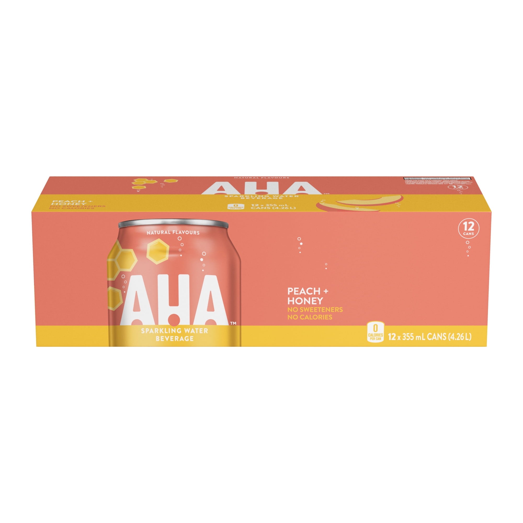 Box of AHA Sparkling Water Beverage, Peach & Honey Flavor, Unsweetened, 12x355ml on a white background