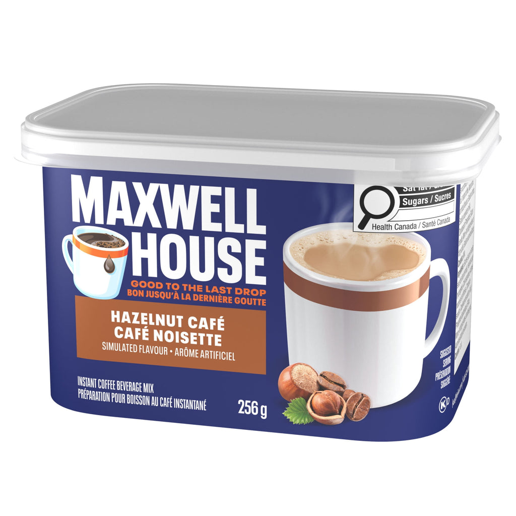 Maxwell House Hazelnut Café instant coffee mix container on a white background