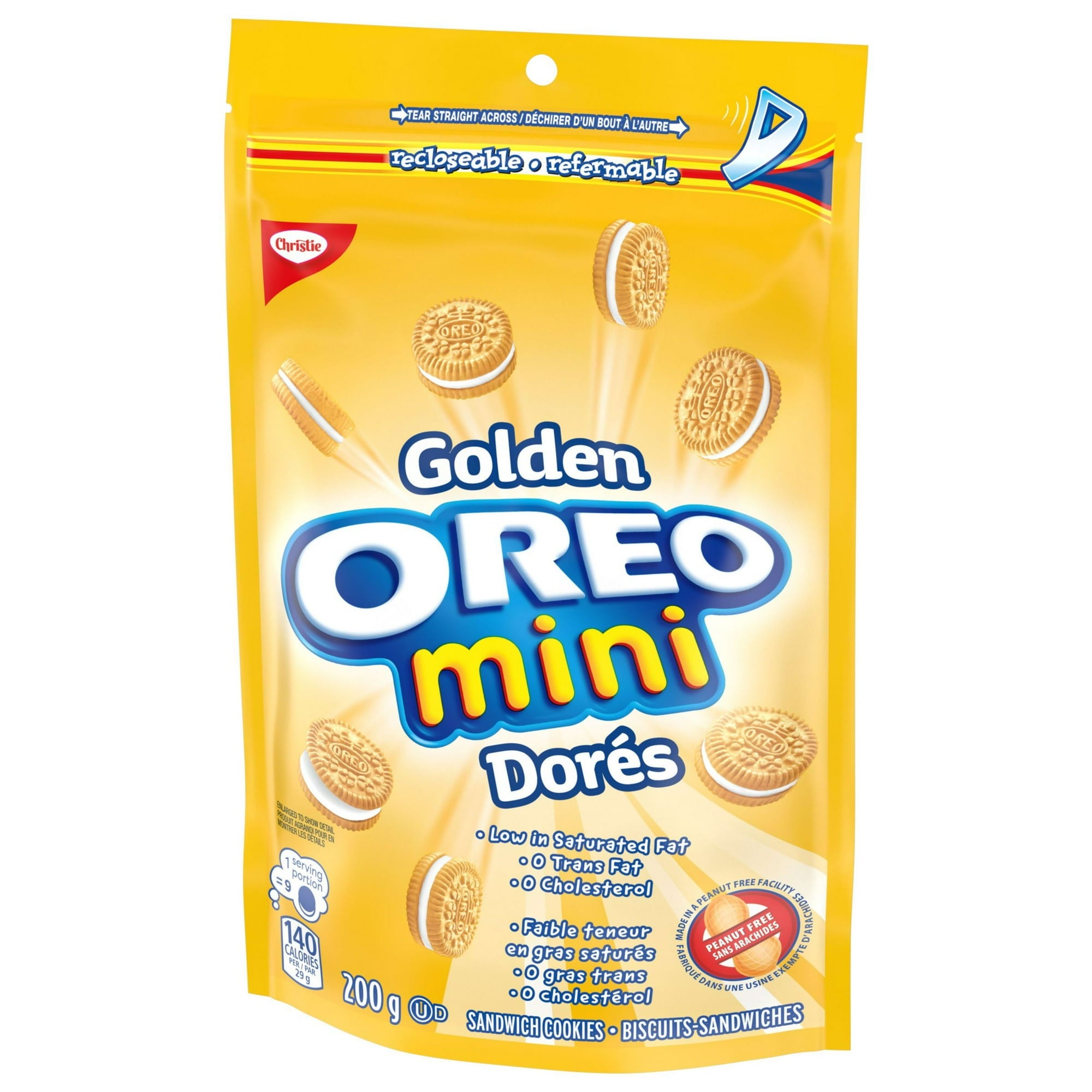 Oreo Golden Mini Dores, Sandwich Cookies, 200g/7.1 oz., Recloseable Bag, front of bag.