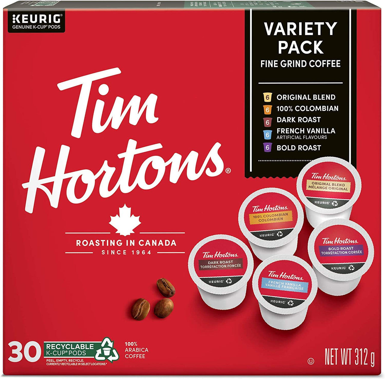 Tim Hortons Variety Pack, Single Serve Keurig K-Cup Pods, 30 Count, 6 Pack, 180 pods total, {Imported from Canada}