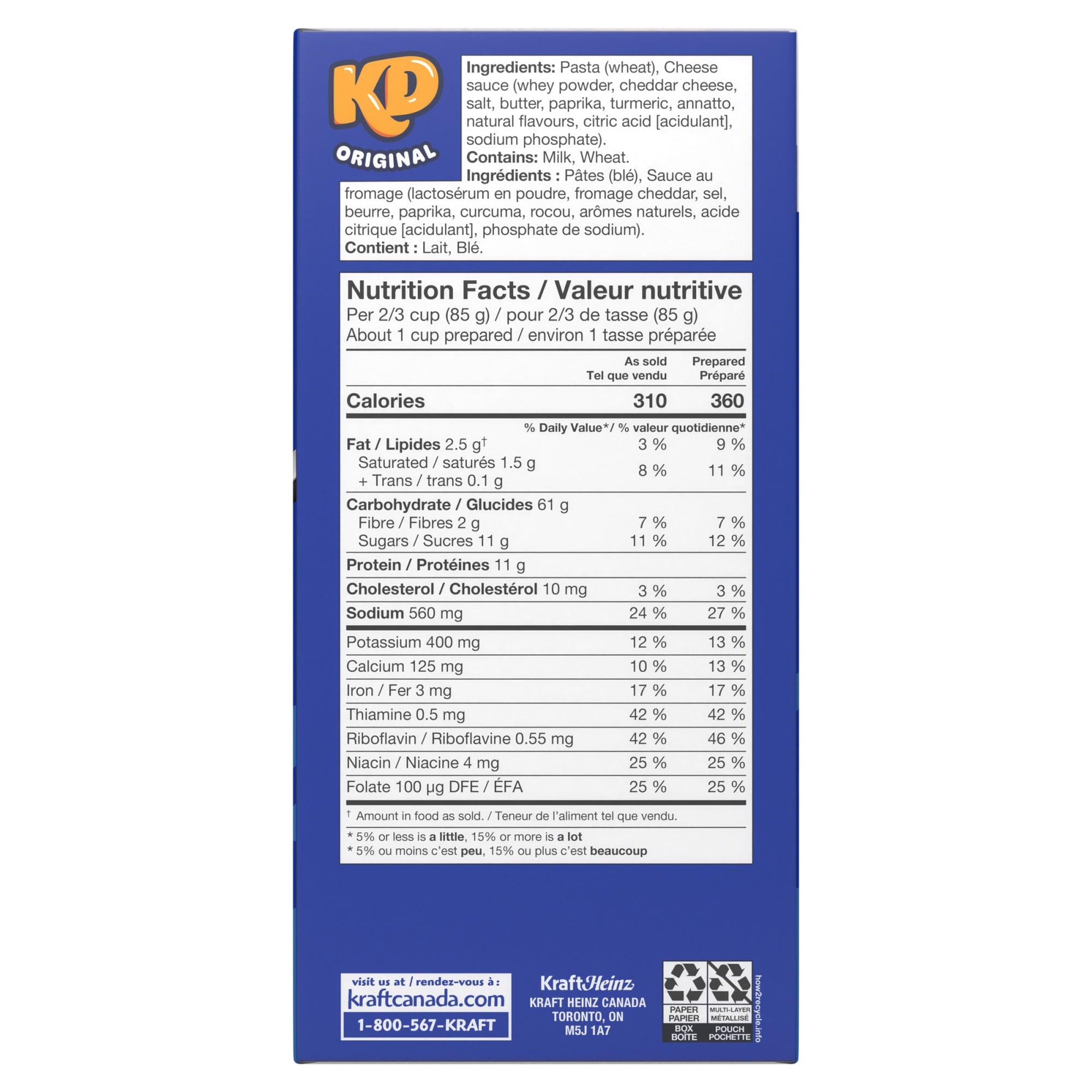 Nutrition facts label for KD Kraft Dinner Original Macaroni and Cheese, 5 Pack, 200g each, 1000g/35.2 oz on a blue background with Kraft Canada branding.