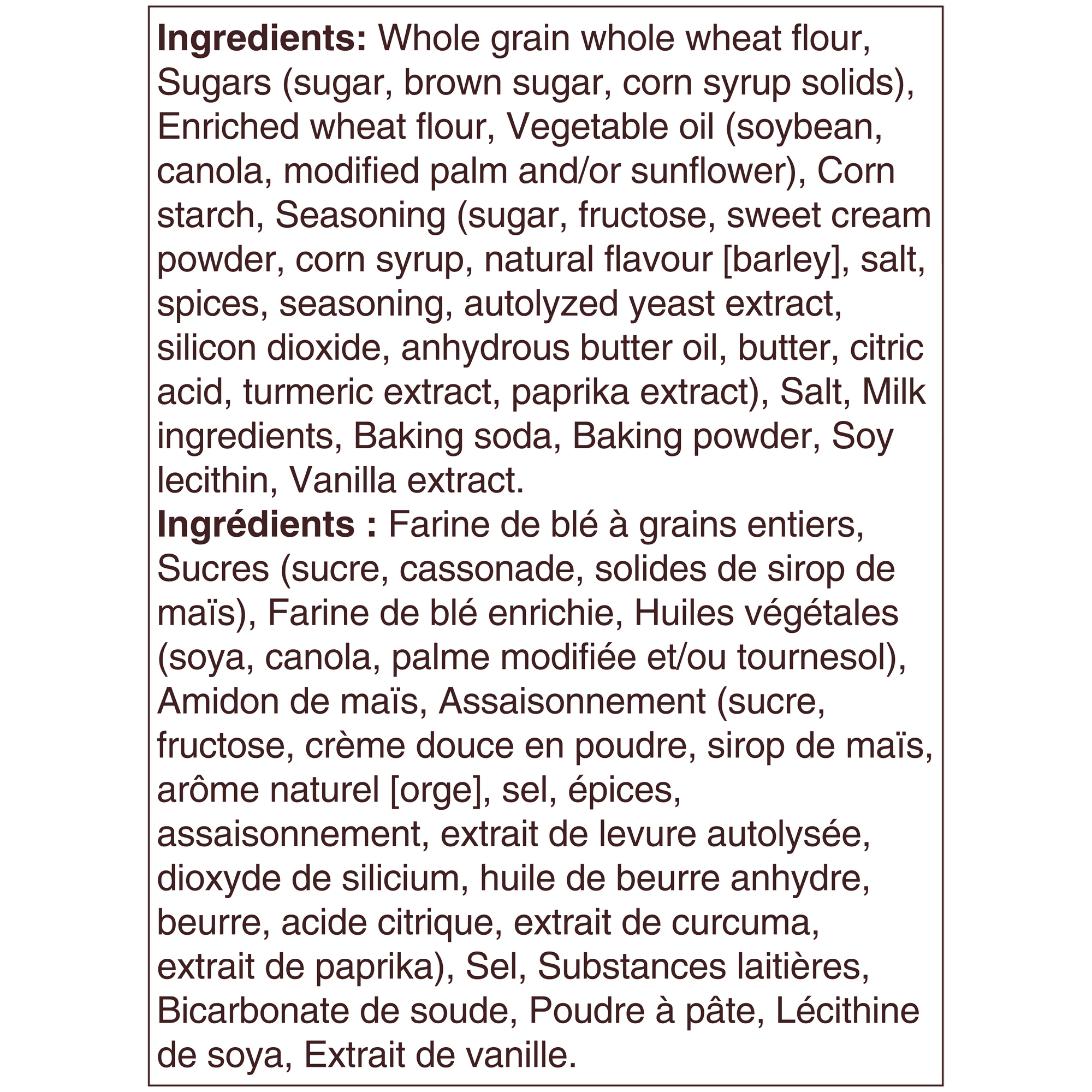 List of ingredients for Goldfish Harry Potter Butterbeer Butterscotch Flavored Grahams, 180g/6.3 oz with a green border.