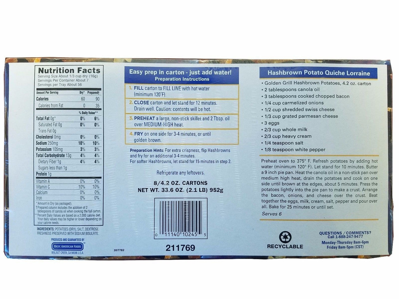 Golden Grill, Hashbrown Potatoes(56 total servings) 8ct pack, Net Wt 4.2 oz(119g) per carton, Gluten Free