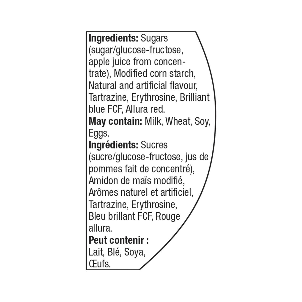 Great Value Fruit Slices Candy, 500g/1.1 lb., Tub, ingredients label.