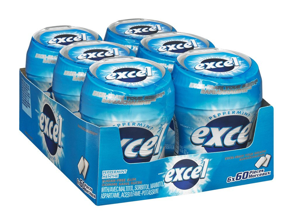 Excel Sugar-Free Gum, Peppermint, 60pc Bottle, 6 Count, {Imported from Canada}