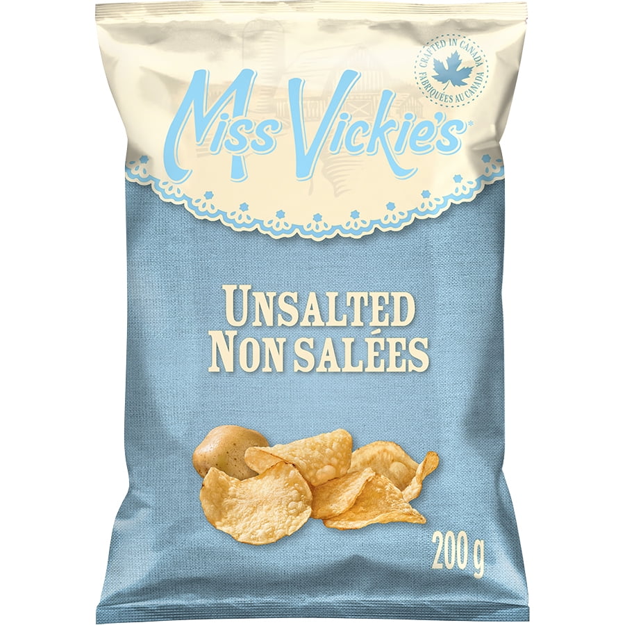 Miss Vickie's Kettle Cooked Unsalted Potato Chips, 200g, front of bag.