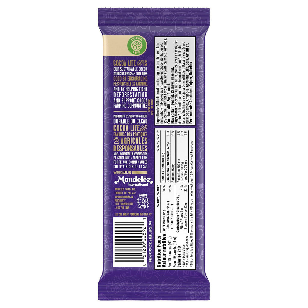 Cadbury Dairy Milk Chocolate Bar, Fruit & Nut Flavour, 100g/3.5oz per Bar, (3 Pack) {Imported from Canada}