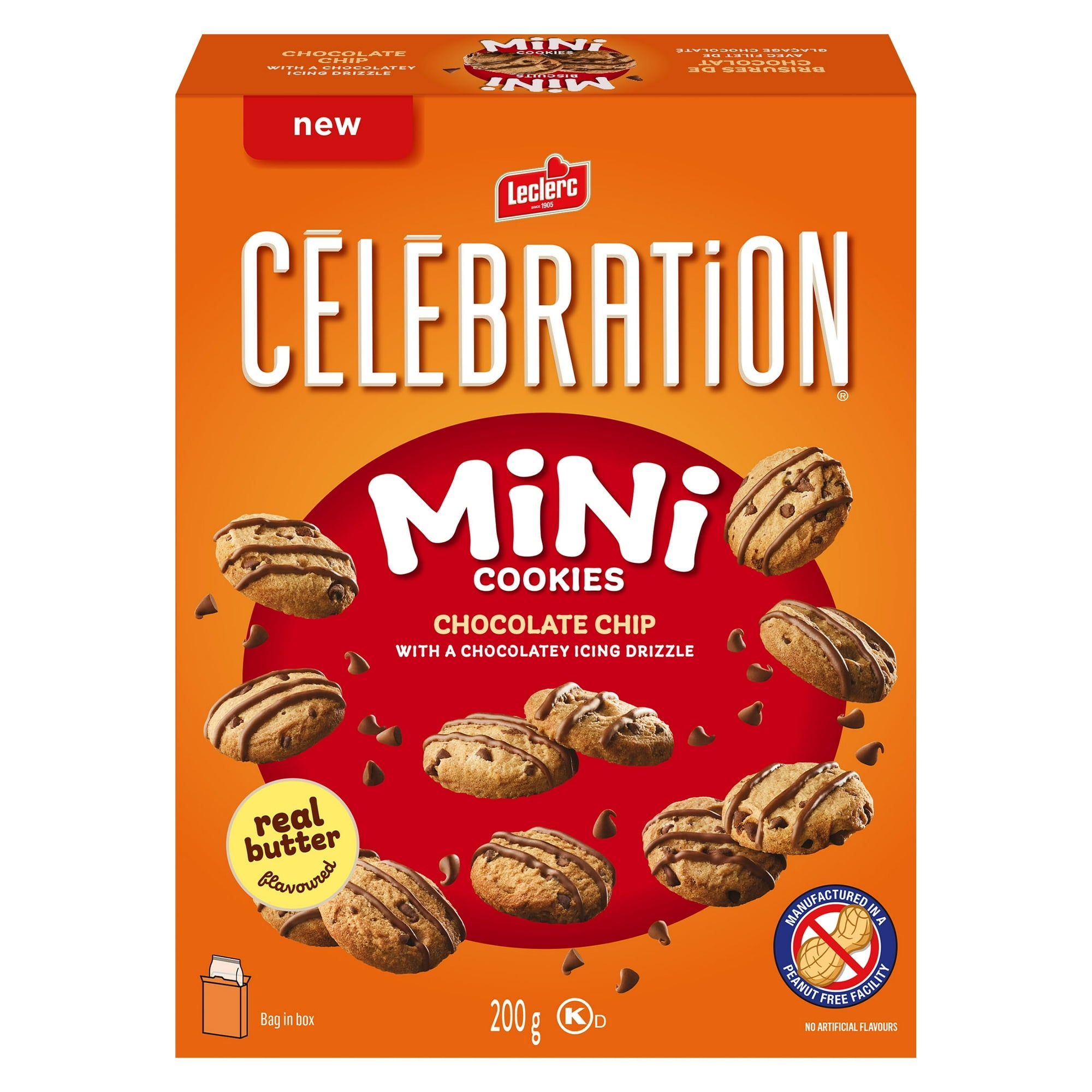 Box of Leclerc Celebration Mini Cookies with chocolate chip flavor on an orange background
