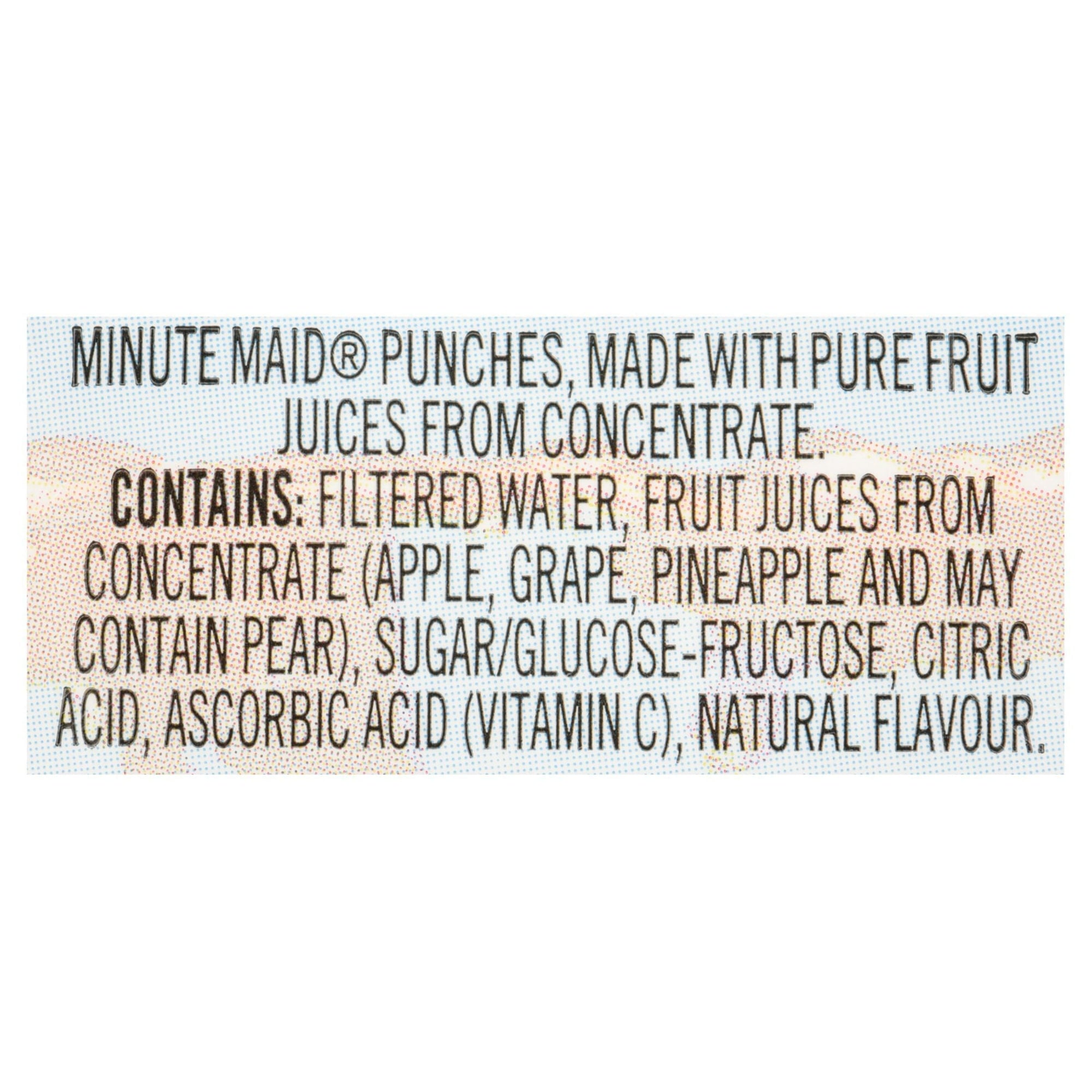 Minute Maid Fruit Punch Juice Boxes Perfect for On-The-Go, 10x200ml, 2L/67.6 fl. oz. - Ingredients Label