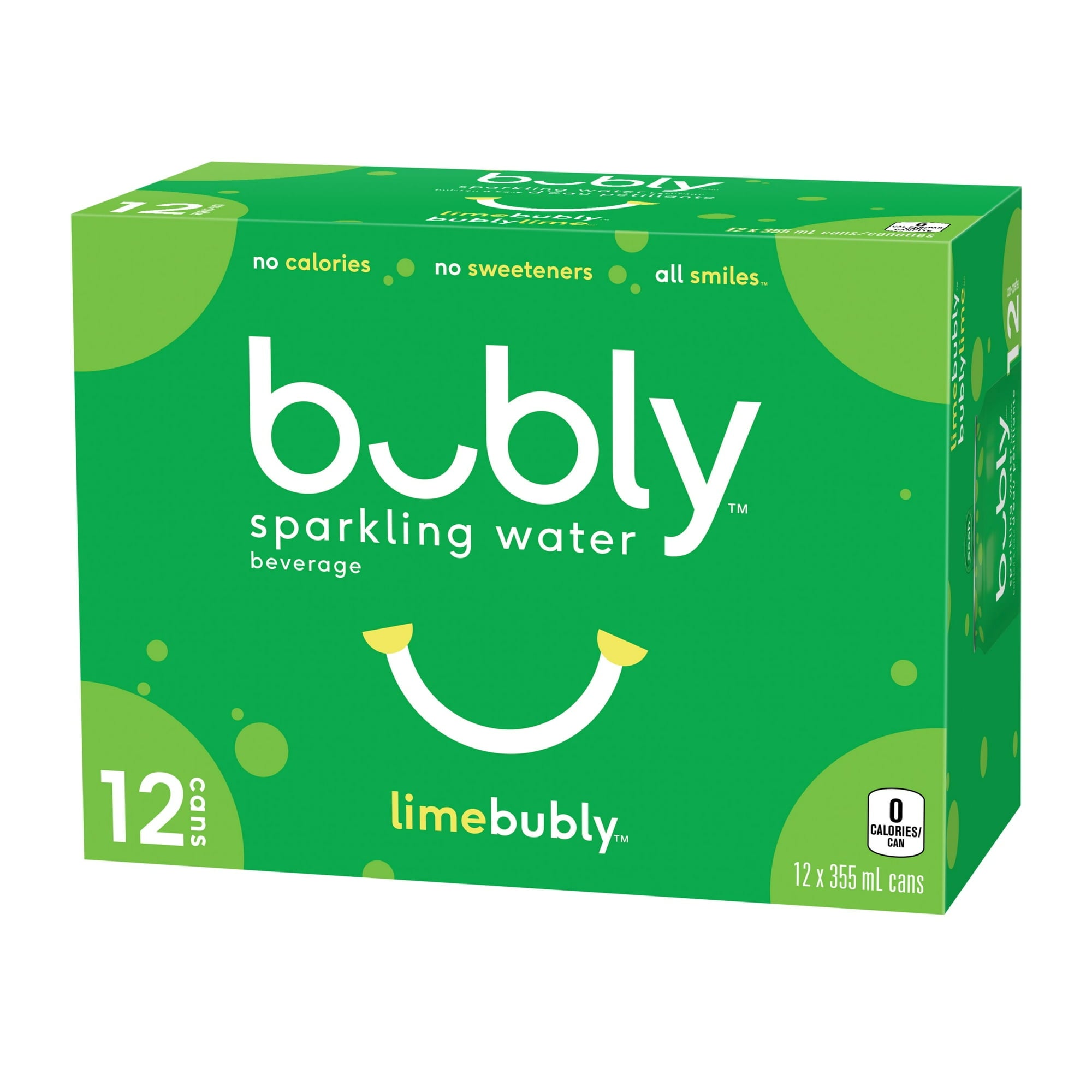 Front of Bubly Lime Sparkling Water Beverage, 12x355ml cans, 4.26L/144 oz