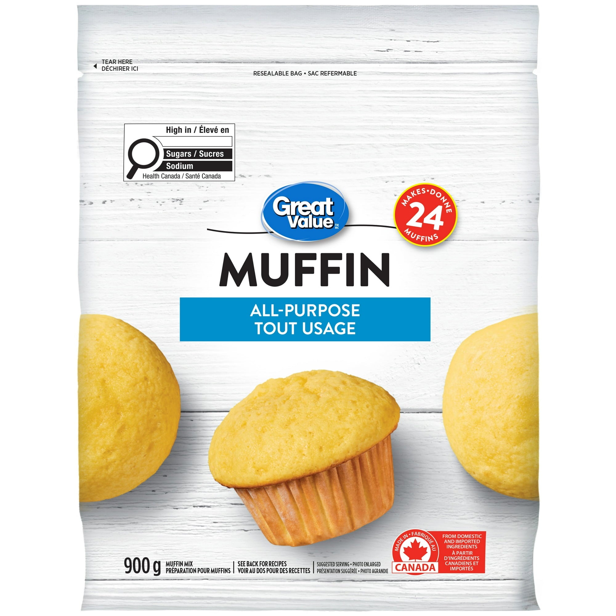Great Value All Purpose Muffin Mix, Makes 24 Muffins - 900g with images of muffins on a white background