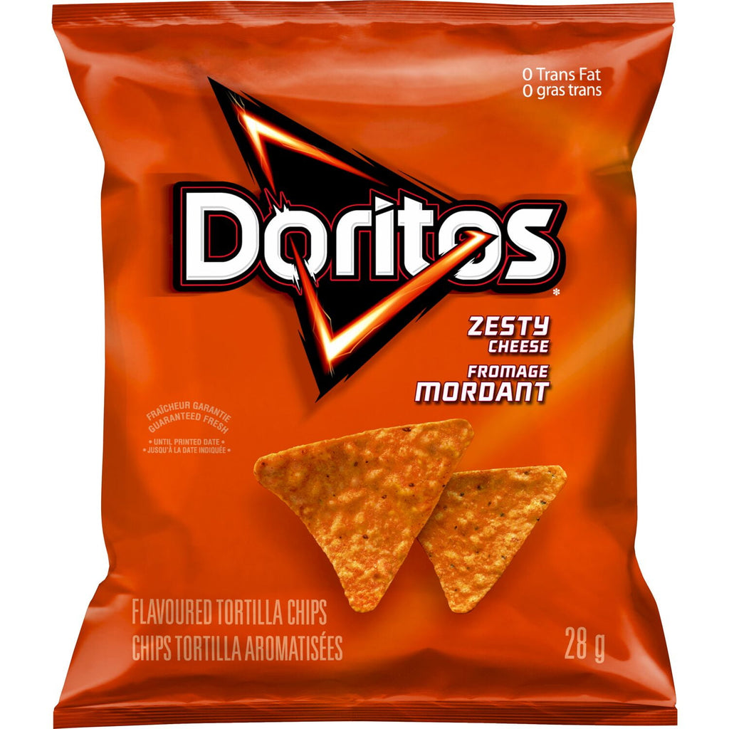 Frito-Lay Chips Variety Pack, Cheesy Mix, (Doritos Zesty Cheese, Lays Cheddar Jalapeno, Cheetos Cheese Puffs & Sun Chips Harvest Cheddar Flavors), (16ct x 28g), 448g, front of doritos zesty cheese bag.