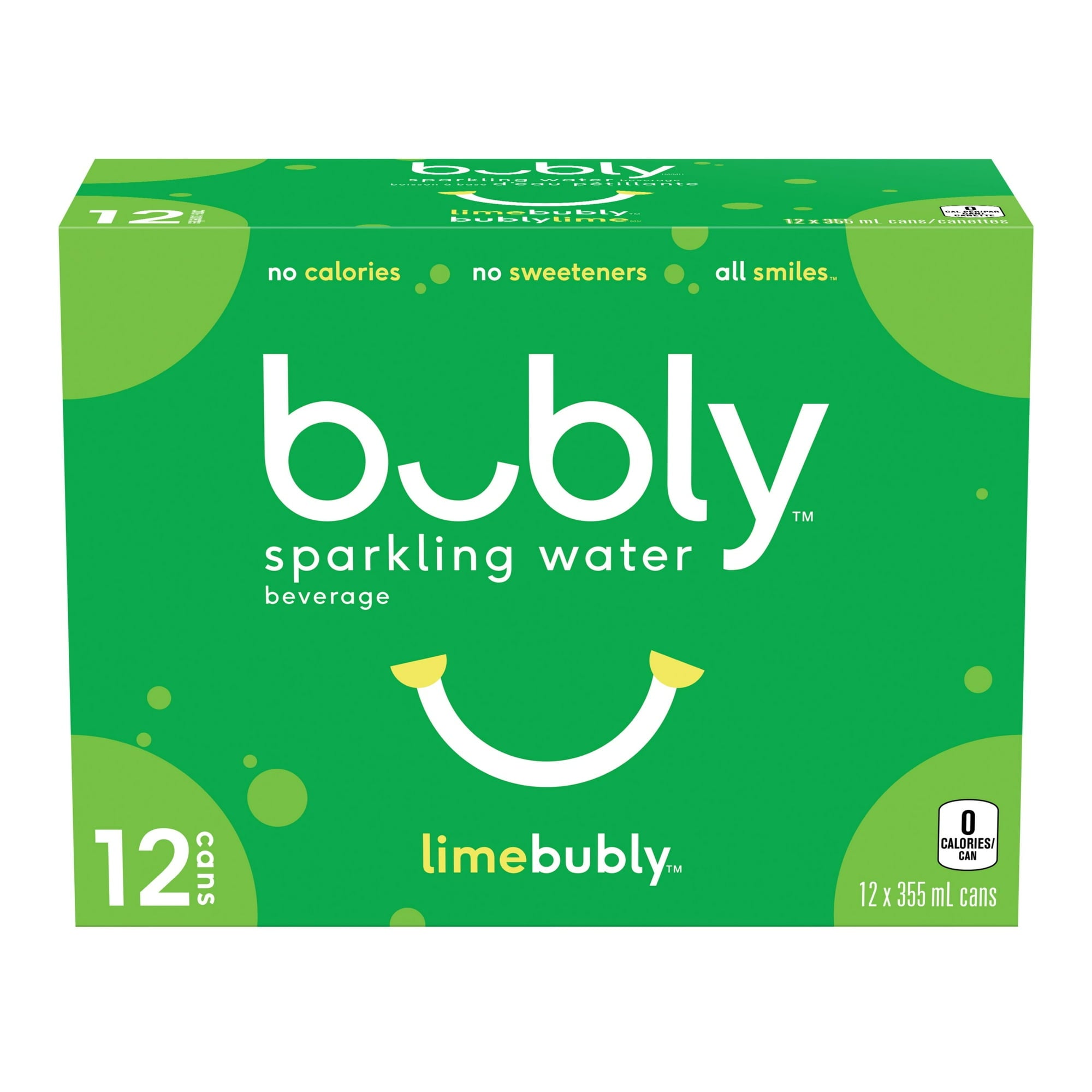 Front of Bubly Lime Sparkling Water Beverage, 12x355ml cans, 4.26L/144 oz