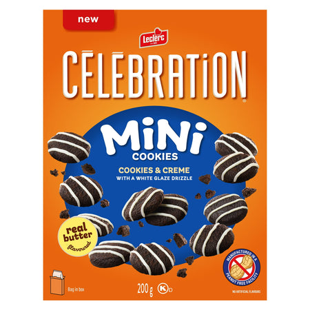 Box of Leclerc Celebration Cookies & Creme Mini Cookies, 200g/7.05 oz with a white glaze drizzle on an orange background