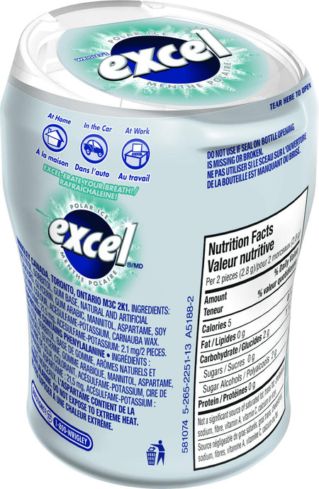 Excel Sugar-Free Gum, Polar Ice, 60pc Bottle - Side of Bottle