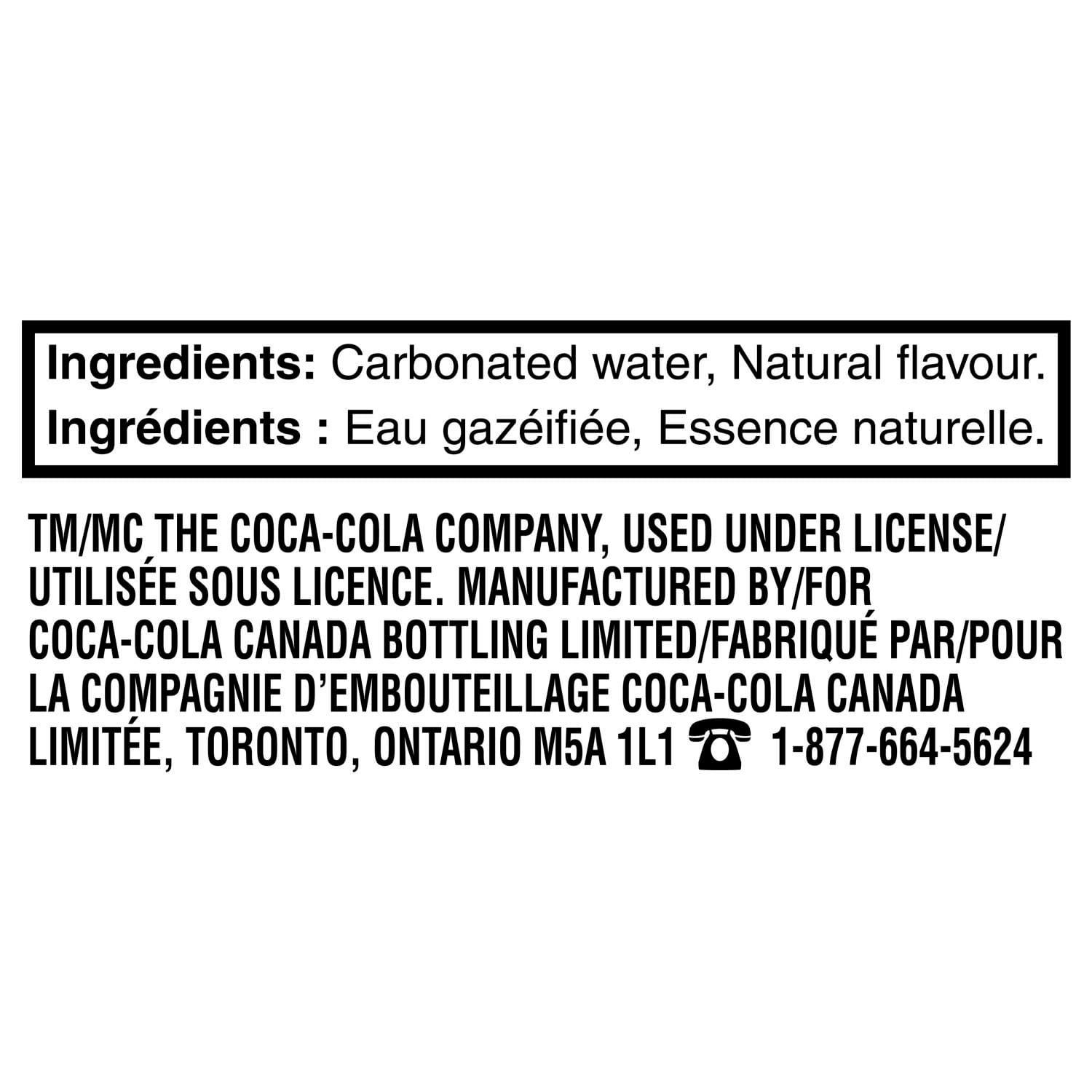 Ingredient label for AHA Sparkling Water Beverage, Pineapple & Passionfruit Flavor, Unsweetened, 12x355ml with contact information on a white background