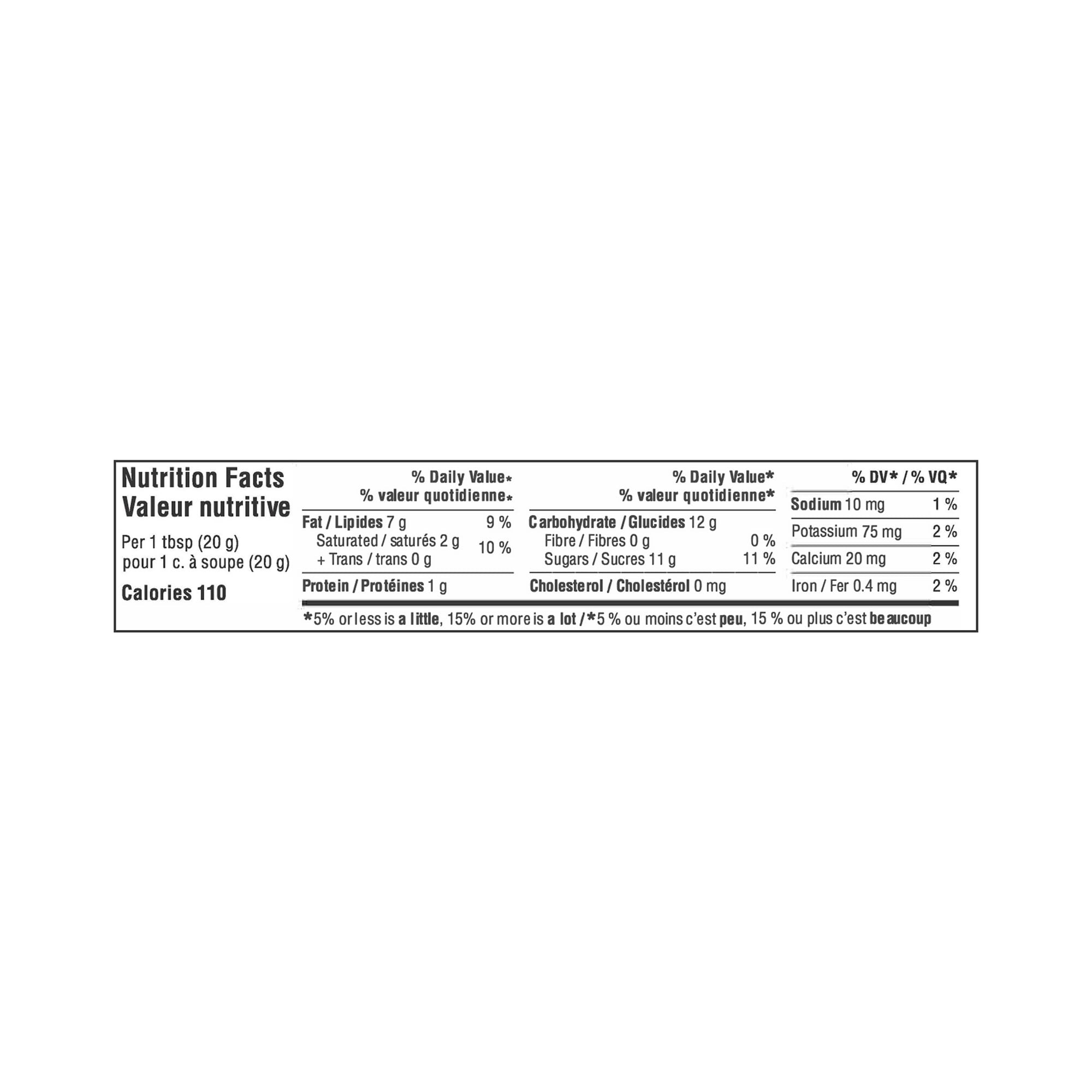 Great Value Vanilla & Hazelnut Spread, 375g/13.2 oz - Nutrition facts label on a white background