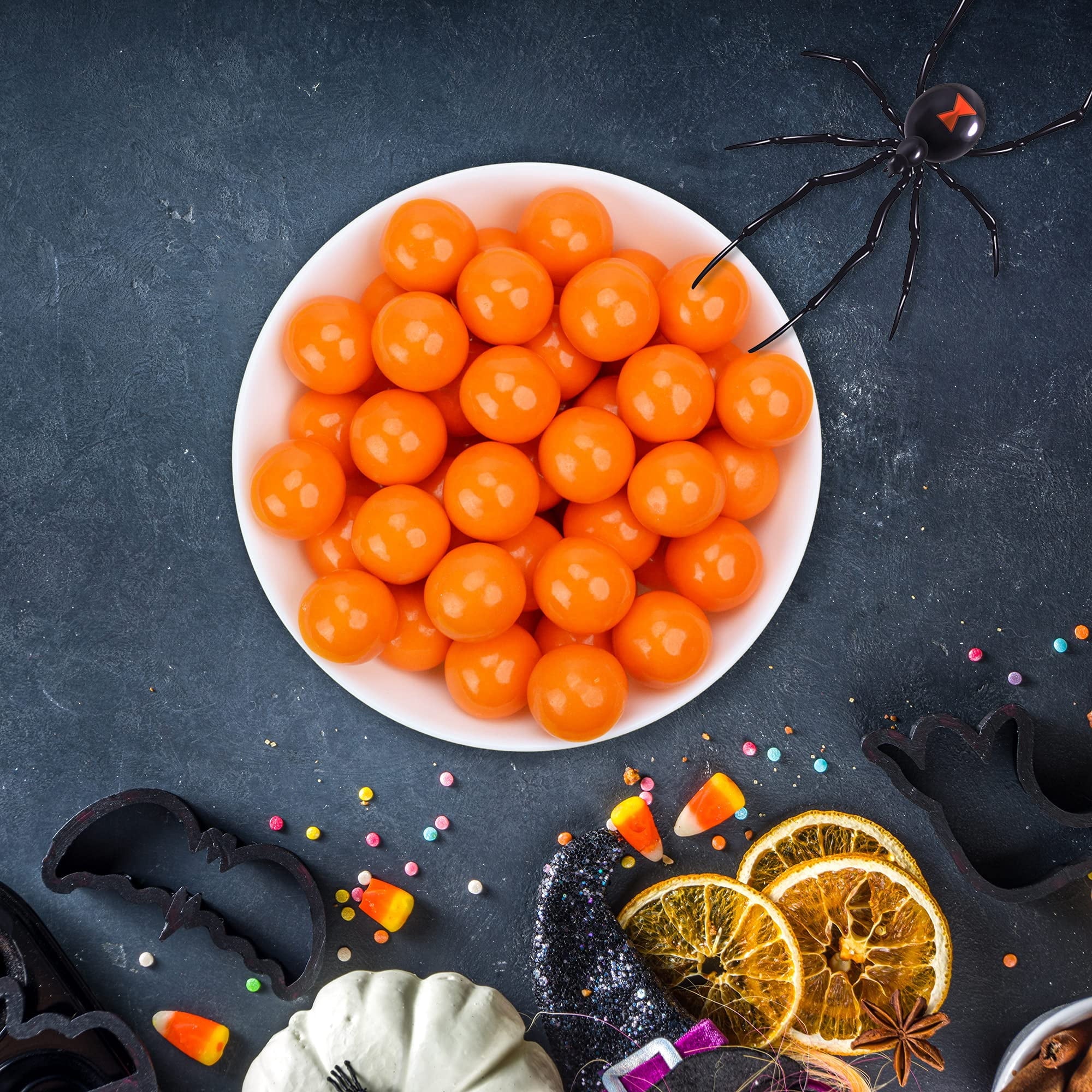 Mr. Berry's Explosive Gumballs, Orange Flavored - 24 Packs of 5 Pcs - 500g, gumballs in a bowl.