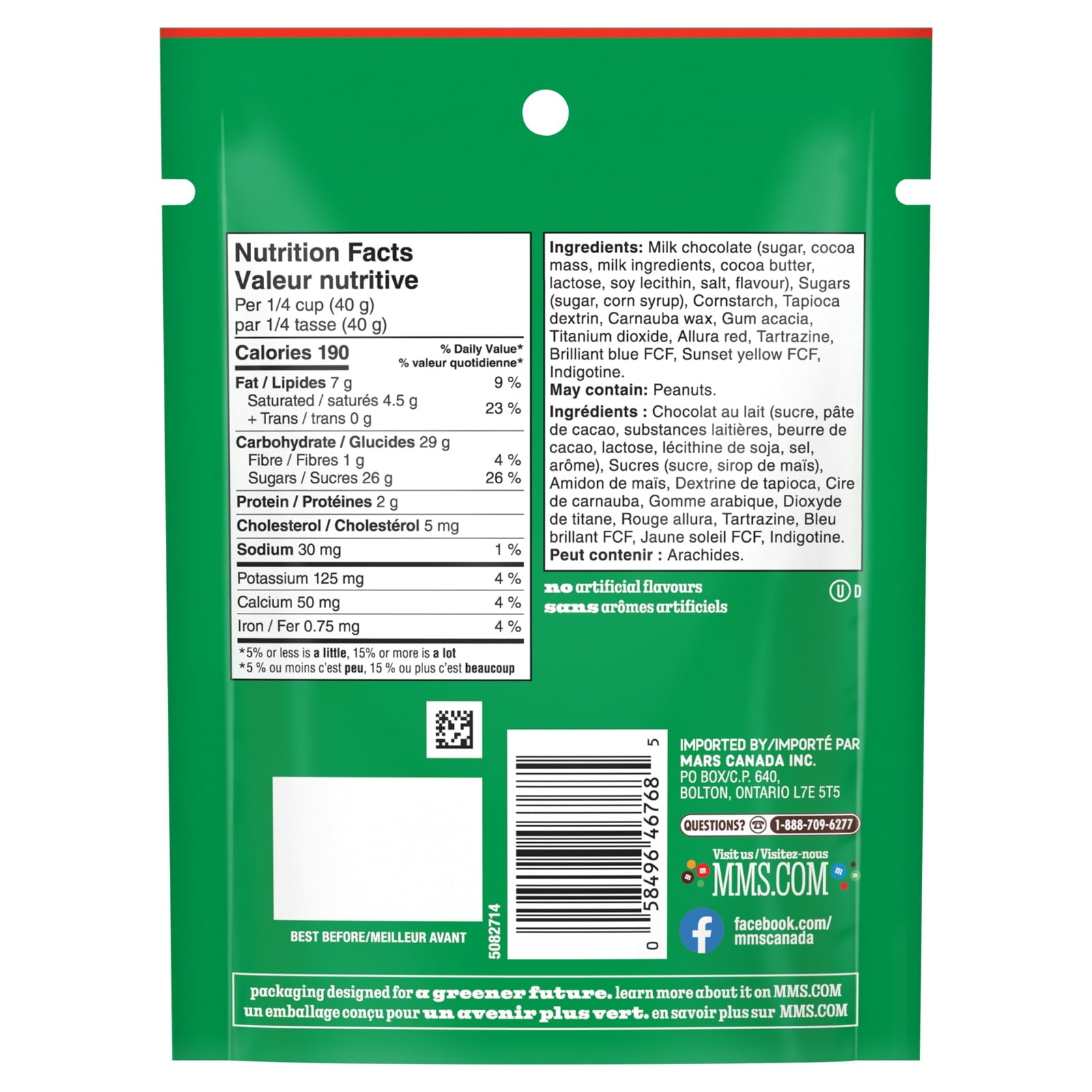 Back of M&M's Holiday Blend Milk Chocolate Candies, 165g/5.8 oz. Bag