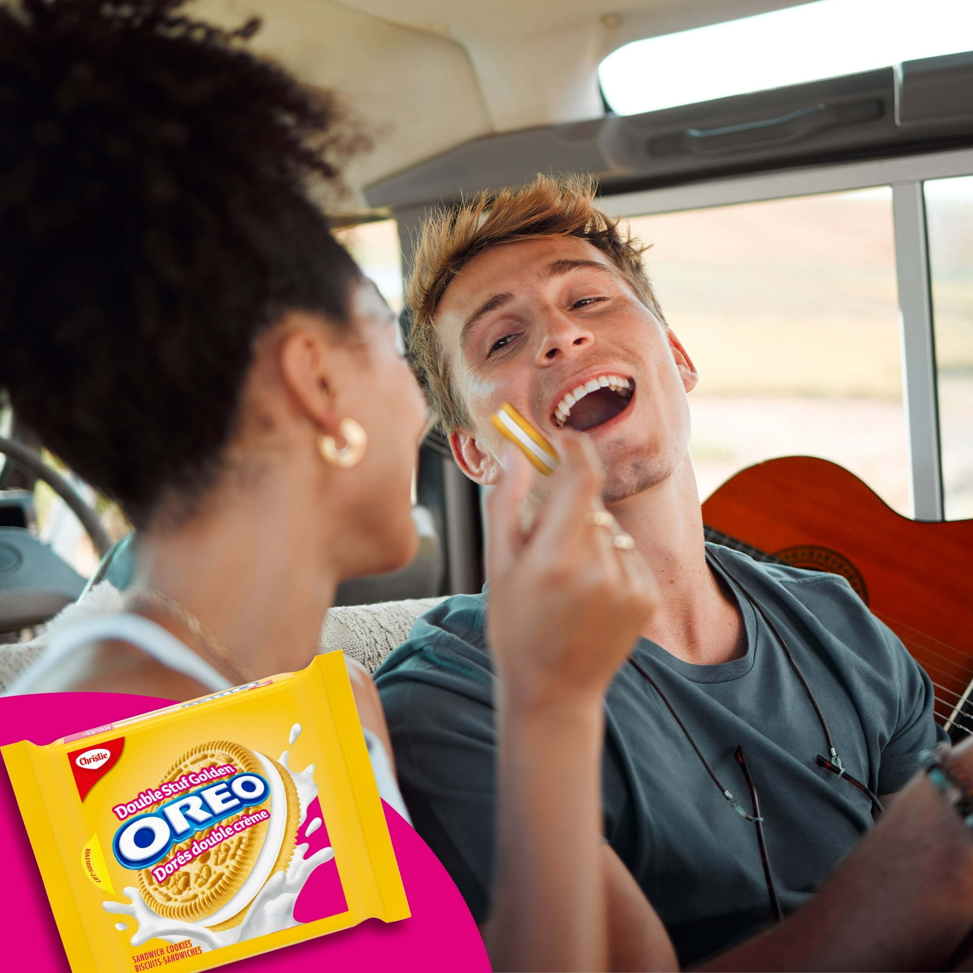 Oreo Double Stuf Golden Sandwich Cookies enjoyed in the car.