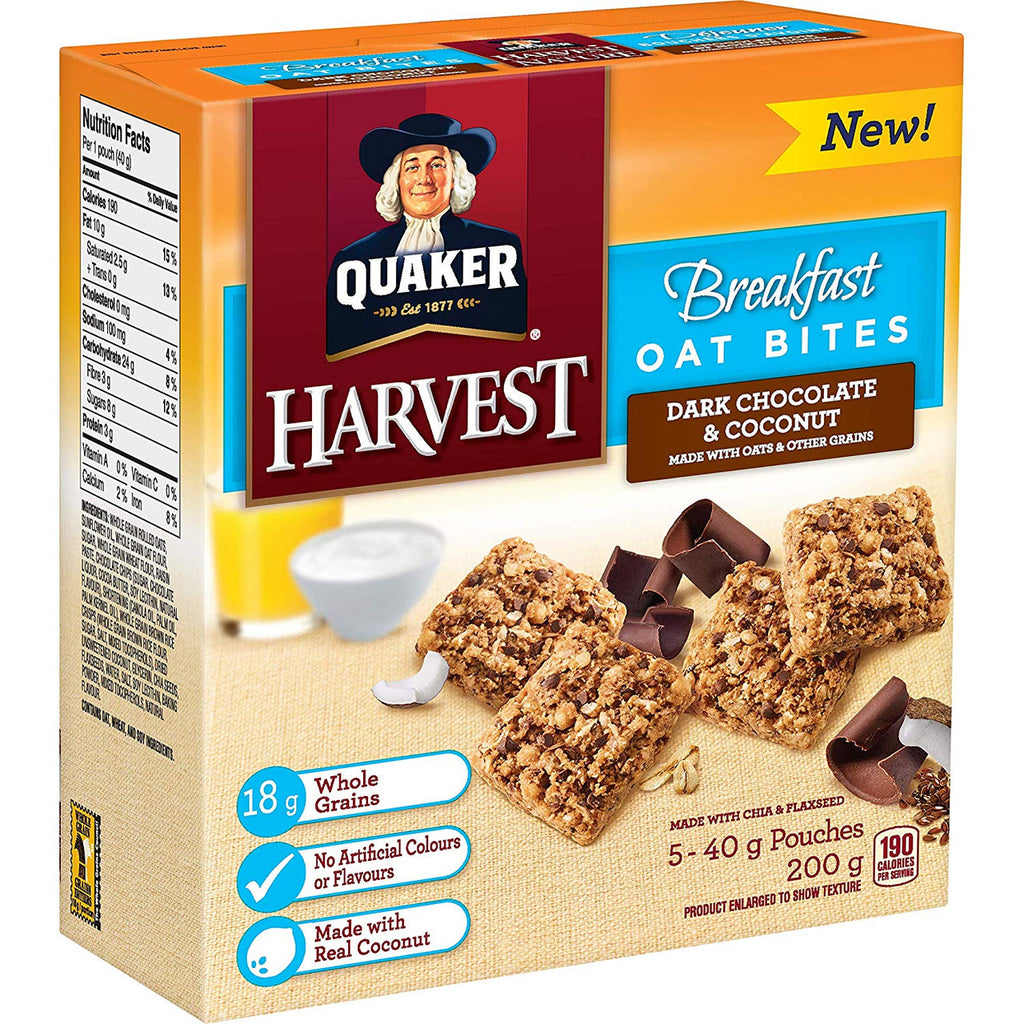 Quaker Breakfast Oat Bites, 5 x 40g Pouches, Dark Chocolate & Coconut, 200g/7.1oz, Box {Imported from Canada}