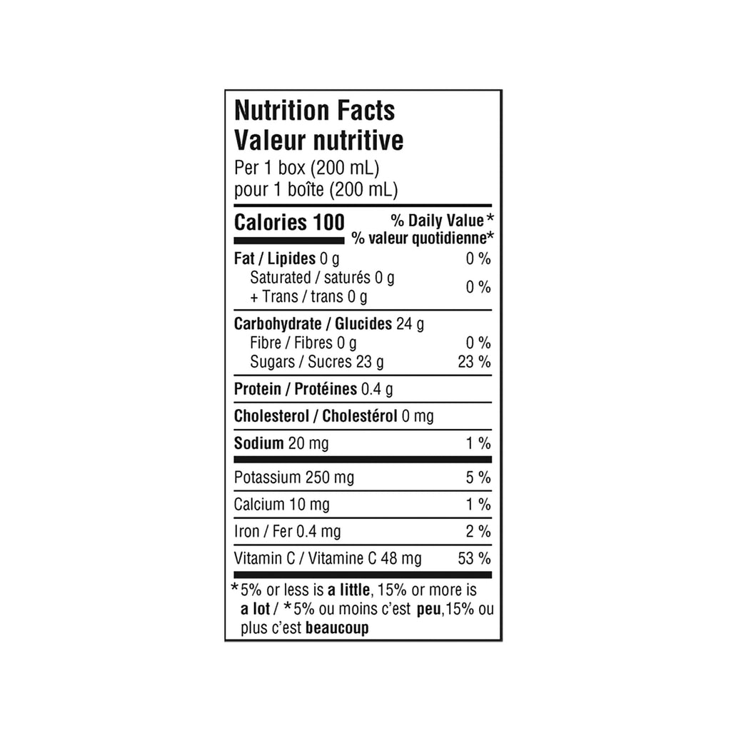 SunRype Apple Orange Peach Juice Boxes Perfect for On-The-Go, 5x200ml, 1L/33.8 fl. oz. - Nutrition Facts Label