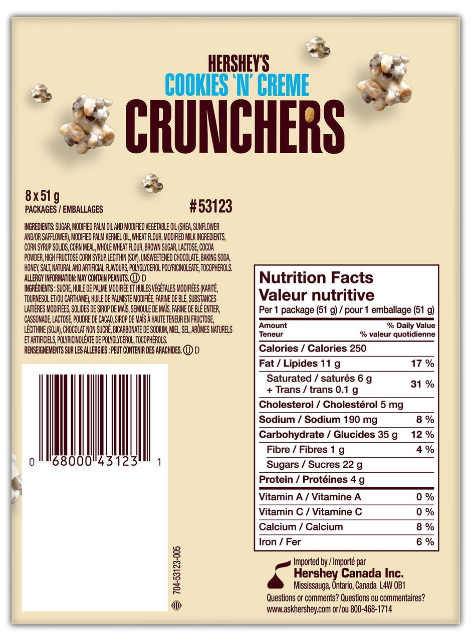 Hershey's Cookies N Creme Crunchers Candy (8 Pack) 51g/1.8oz per Pack, {Imported from Canada}
