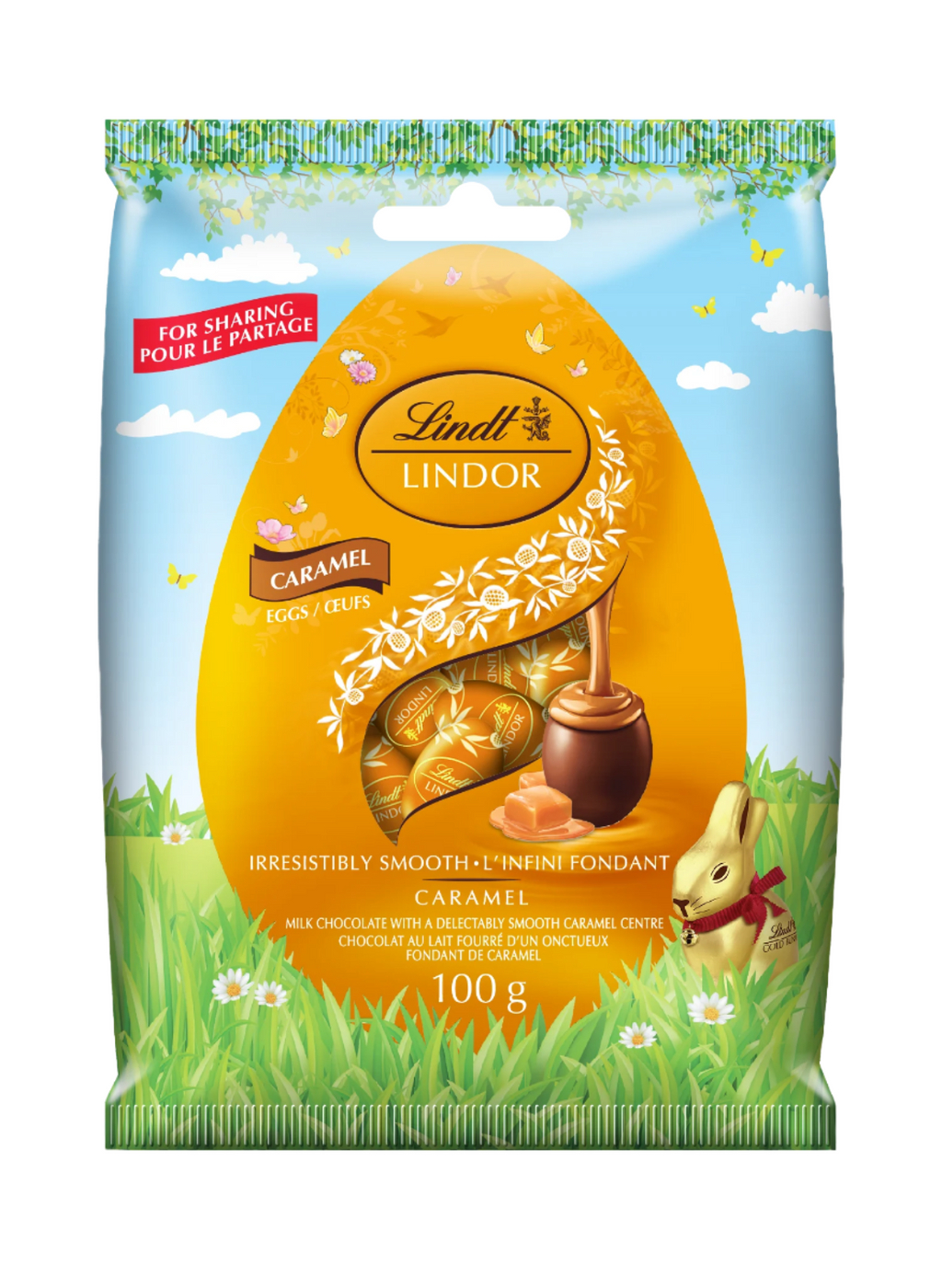 Lindt Lindor Milk Chocolate Caramel Eggs, 100g/3.5 oz. - Front Of Bag