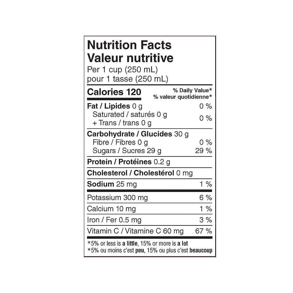 SunRype Fruit Juice, Strawberry Kiwi, 900ml/30.4 fl. oz. Carton, nutrition facts label