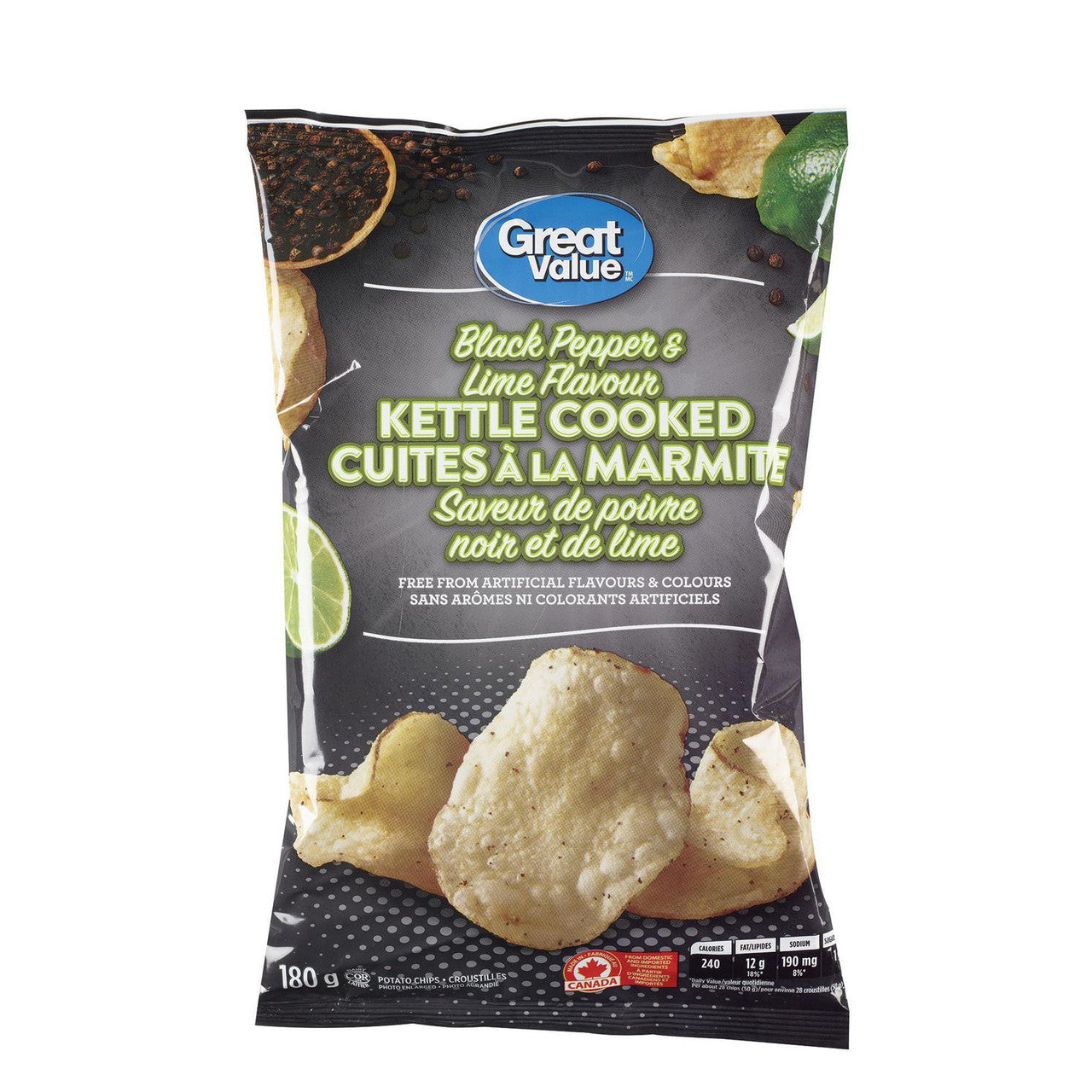 Great Value Black Pepper & Lime Kettle Cooked Potato Chips 180g/6.3oz. {Imported from Canada}