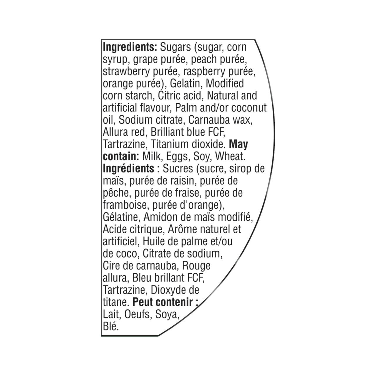 Great Value Gummy Treats Candy, 450g/15.9 oz., Tub, ingredients label.