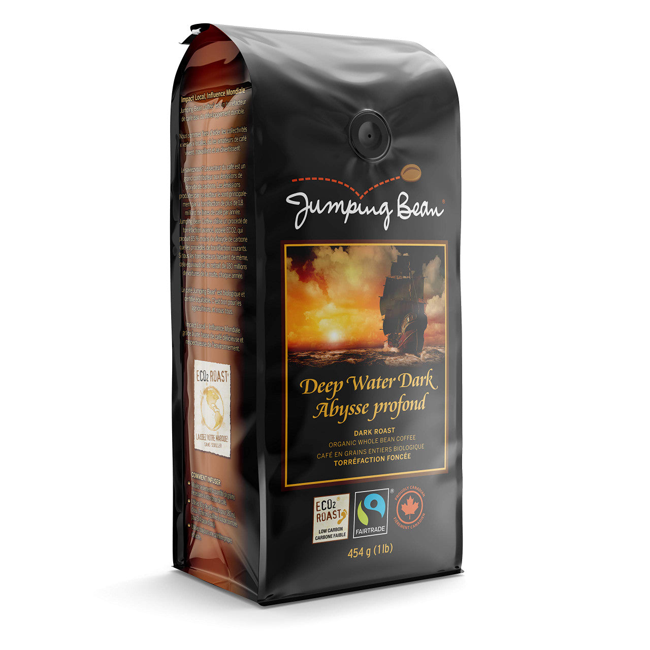 Jumping Bean Deep Water Roast Fairtrade Organic Whole Bean Coffee, Dark Roast, 454g/1lb., {Imported from Canada}