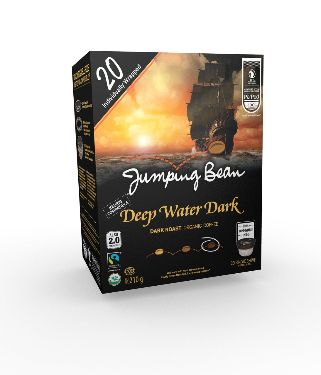 Jumping Bean Deep Water Dark Organic Single Serve Coffee Pods, 20ct {Imported from Canada}