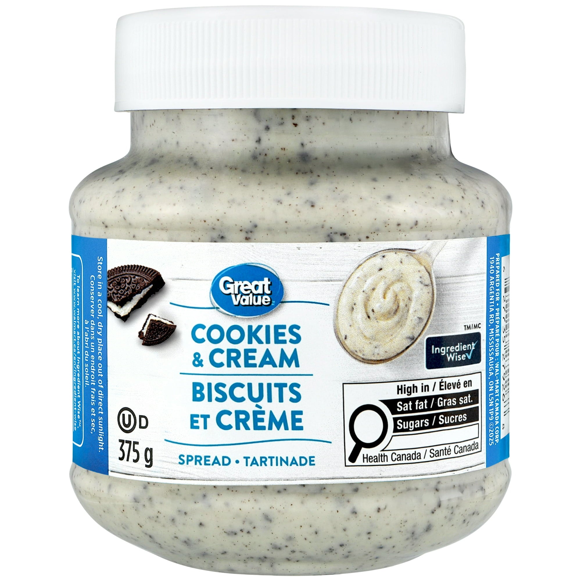 Great Value Cookies & Cream Spread, 375g/13.2 oz - Front of jar of Great Value Cookies & Cream spread on a white background