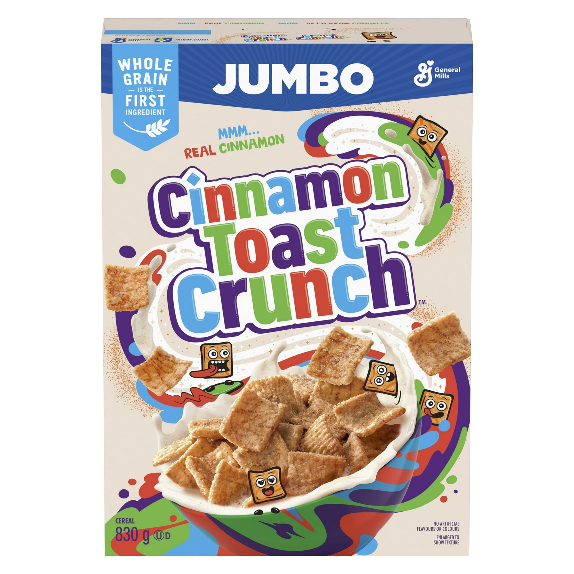 Cinnamon Toast Crunch cereal box with colorful design and text.