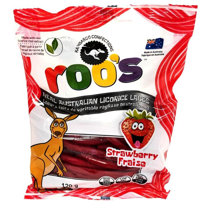 Roo's Australian Licorice Laces, Strawberry Flavour, 120g/4.2oz., {Imported from Canada}