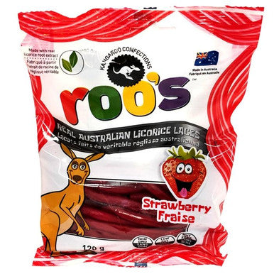 Roo's Australian Licorice Laces, Strawberry Flavour, 120g/4.2oz., {Imported from Canada}