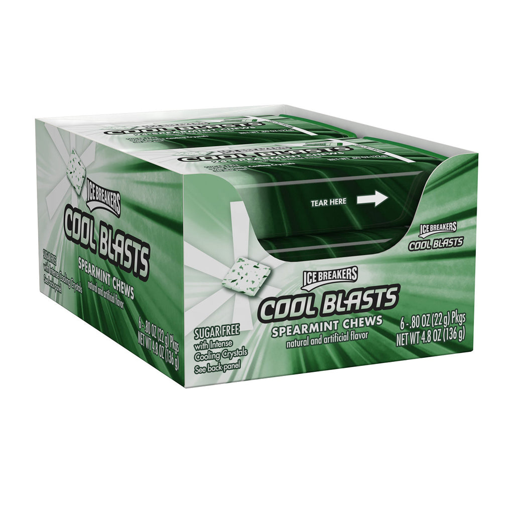 ICE BREAKERS Cool Blasts Sugar Free Chews (Mints), Spearmint, 0.8 Ounce (Pack of 6)