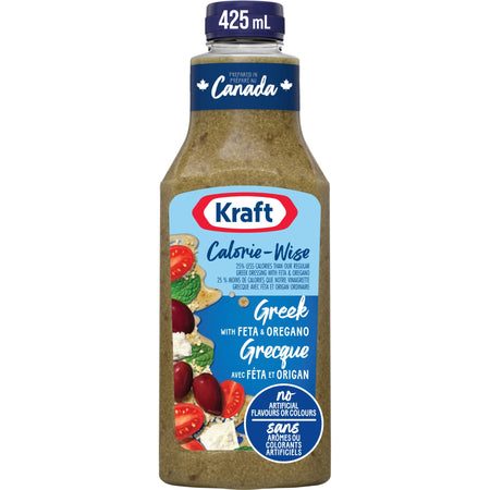 Kraft Calorie-Wise Greek with Feta & Oregano Salad Dressing 425ml/14.4 oz., Bottle, front of bottle