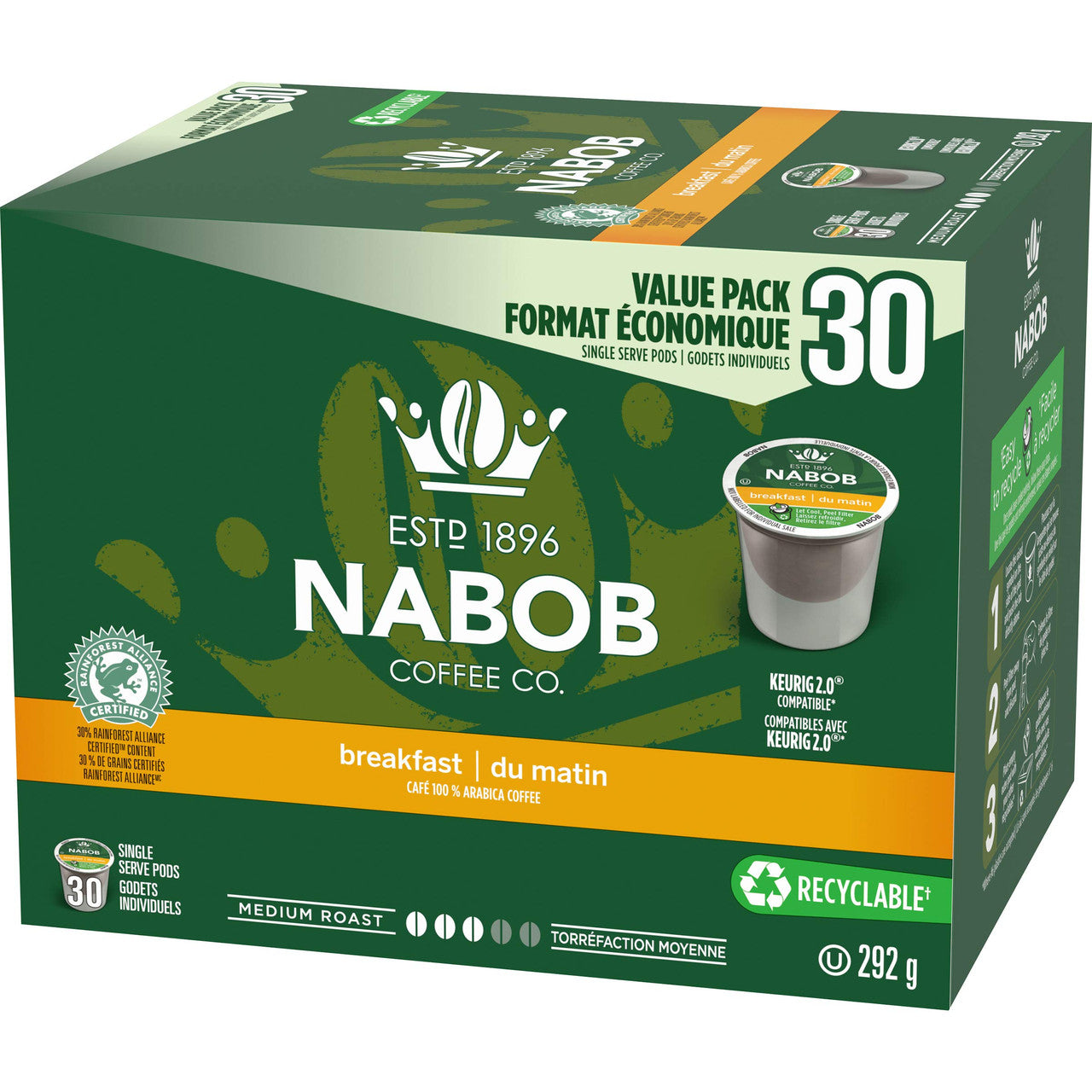Nabob Breakfast Blend Coffee, medium roast, Single Serve K-Cup Pods for Keurig Brewers, 30 Count {Imported from Canada}