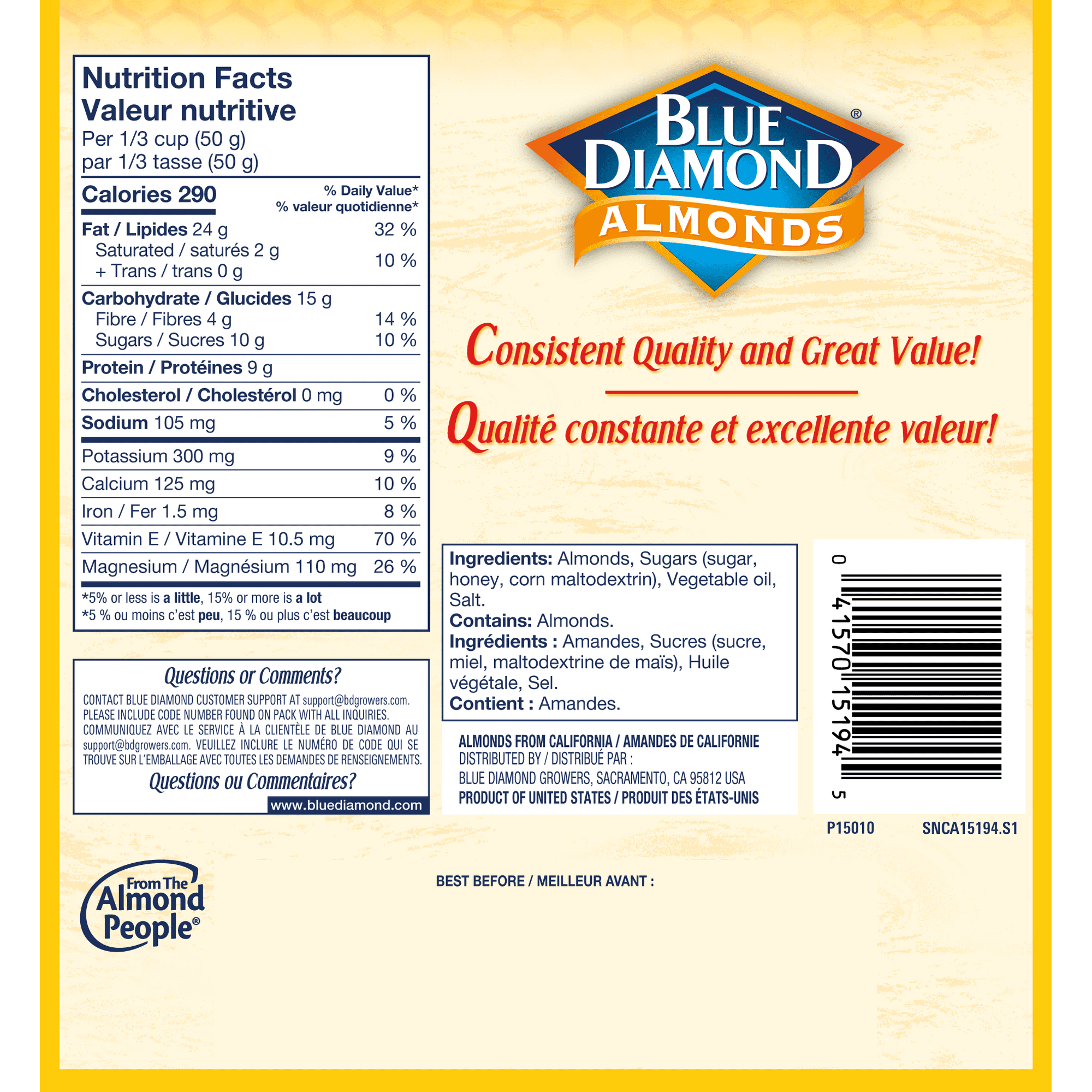 Blue Diamond Almonds packaging with nutrition facts and branding details.