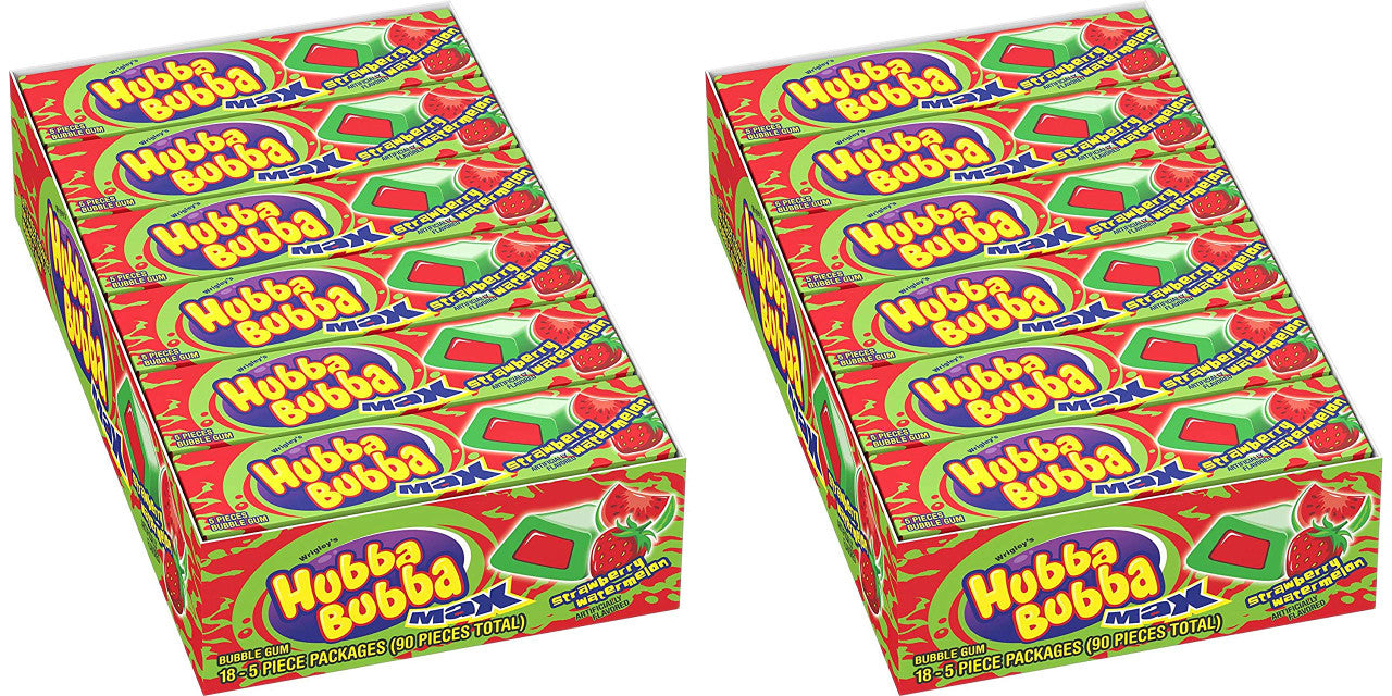 Hubba Bubba Max Strawberry Watermelon Bubble Gum, 5 Piece (Pack of 18) Pack of 2