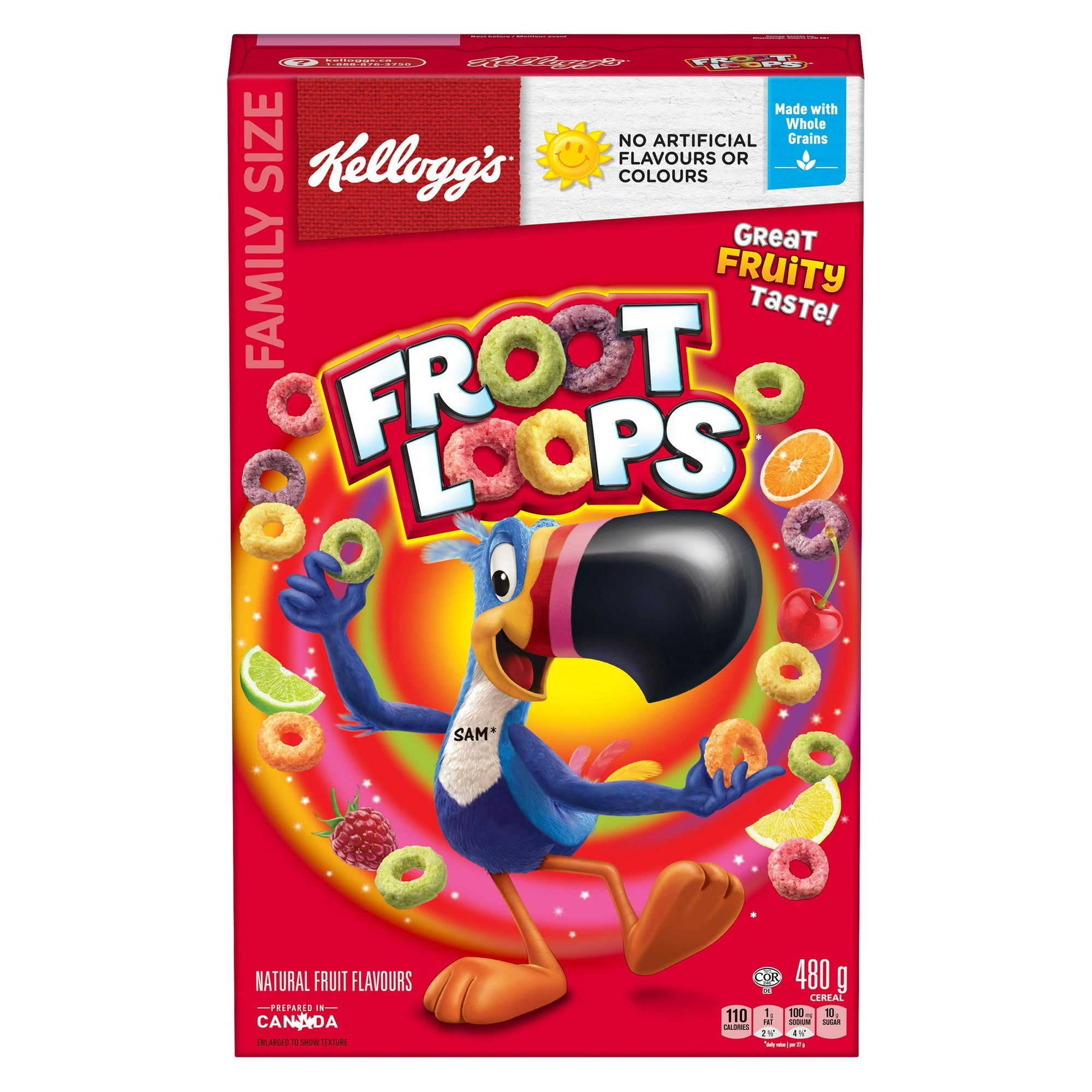 Front of Kellogg's Froot Loops Cereal, Family Size, 480g/1.06 lb., Box