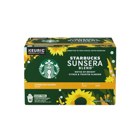 Box of Starbucks Sunsera Blend 100% Arabica Coffee, K-Cups, 120g/4.2 oz with sunflower design on a white background