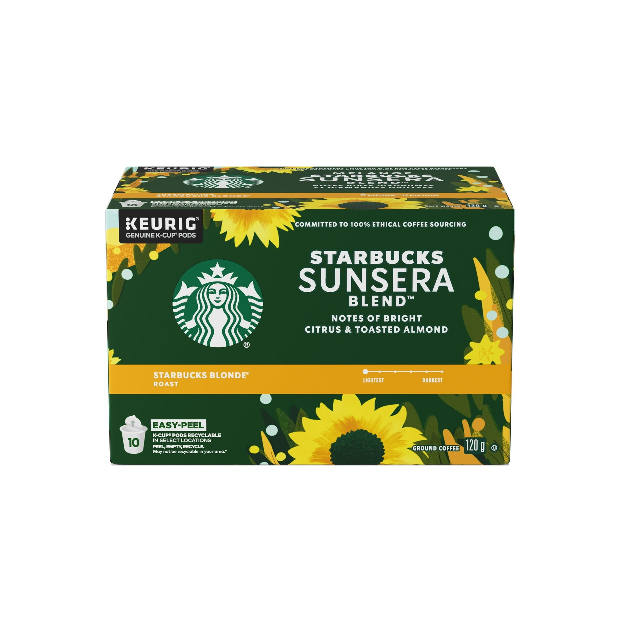 Box of Starbucks Sunsera Blend 100% Arabica Coffee, K-Cups, 120g/4.2 oz with sunflower design on a white background