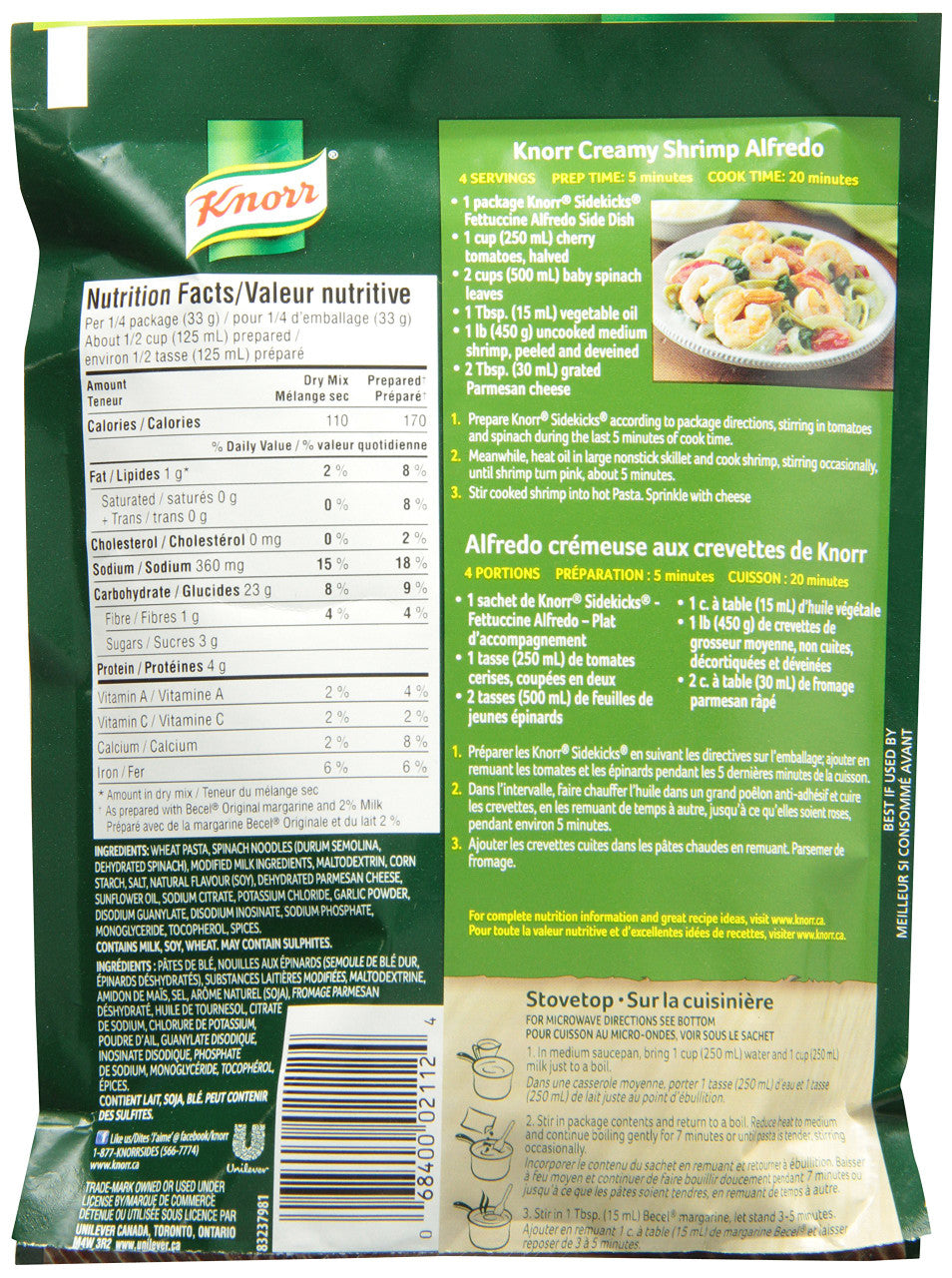 Knorr Sidekicks Fettucine Alfredo Pasta 133g/4.7oz, (2 pack) {Imported from Canada}
